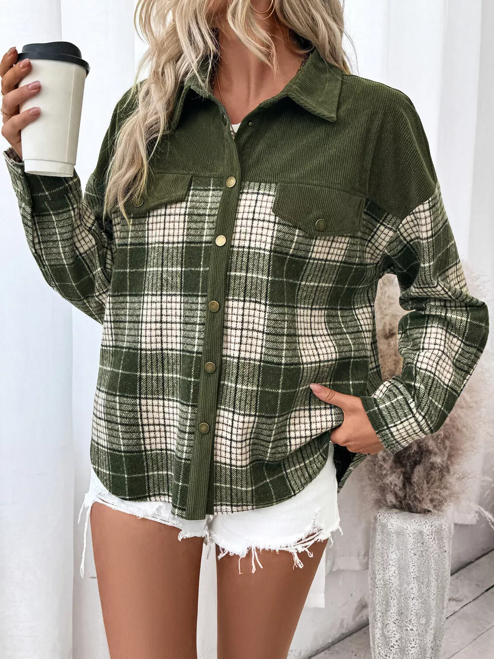 Plaid Button Up Long Sleeve Shacket, image 4