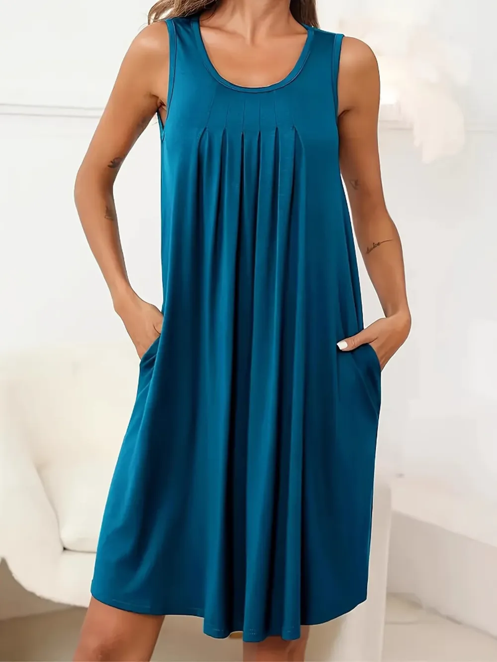 Flowy Pleated Tank Dress with Pockets, image 17