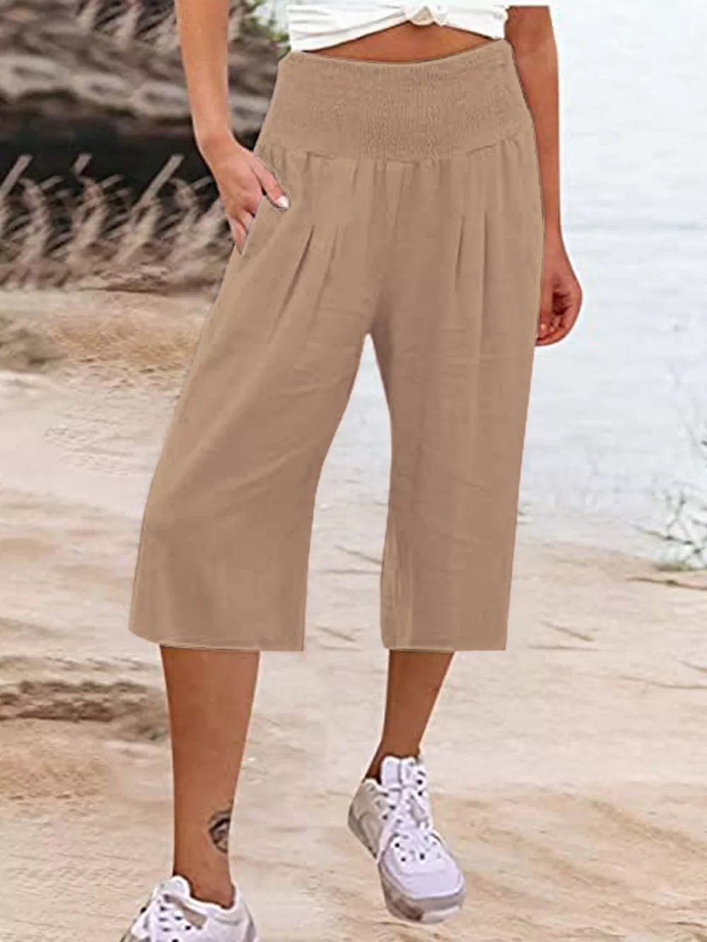 Smocked Wide-Leg Capri Pants, image 9