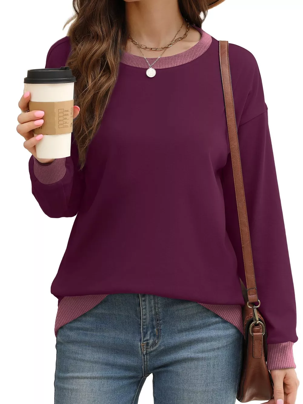 Contrast Trim Crew Neck Casual Sweatshirt, image 25