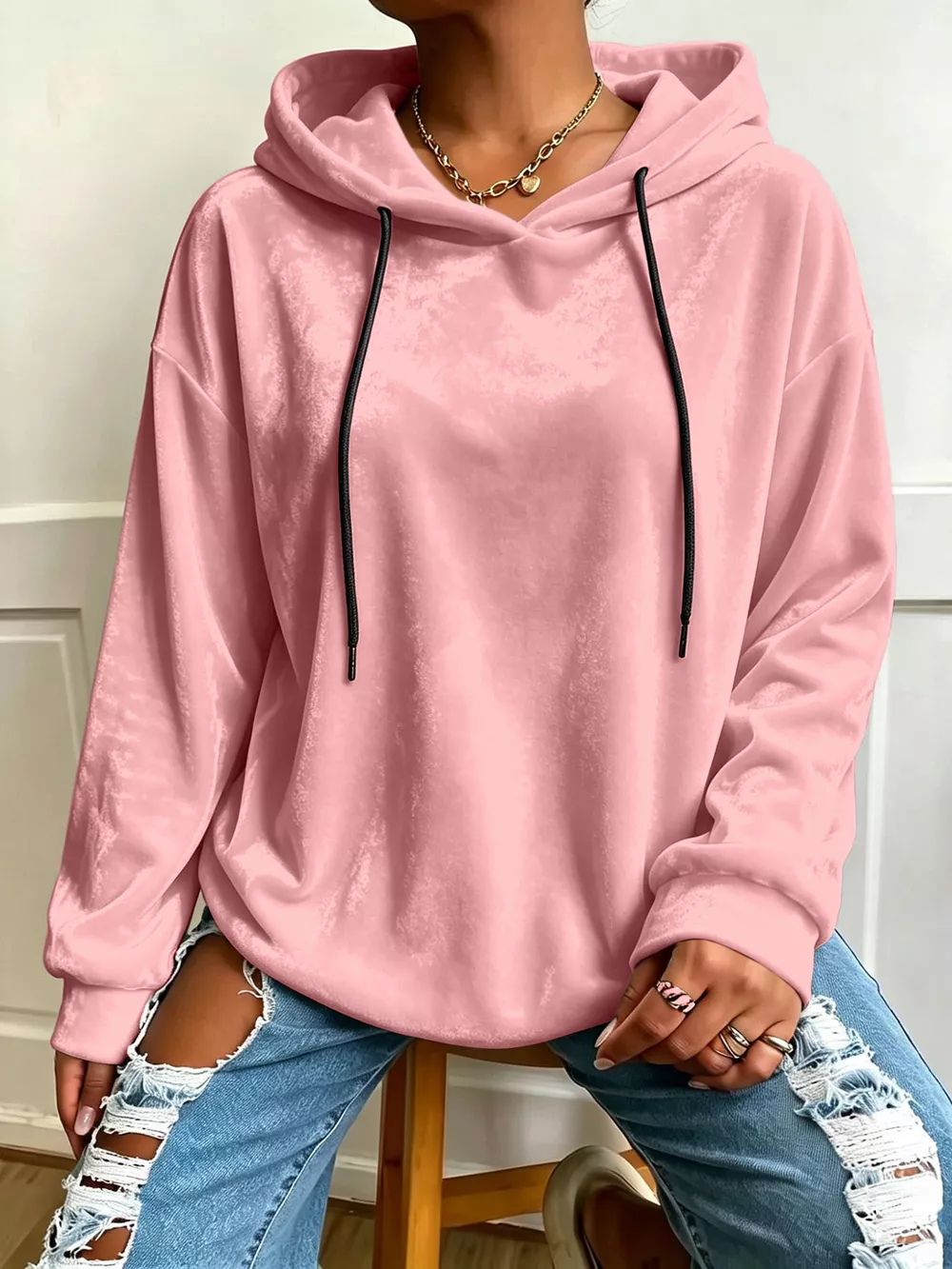 Plus Size Velvet Drawstring Dropped Shoulder Hoodie, image 3