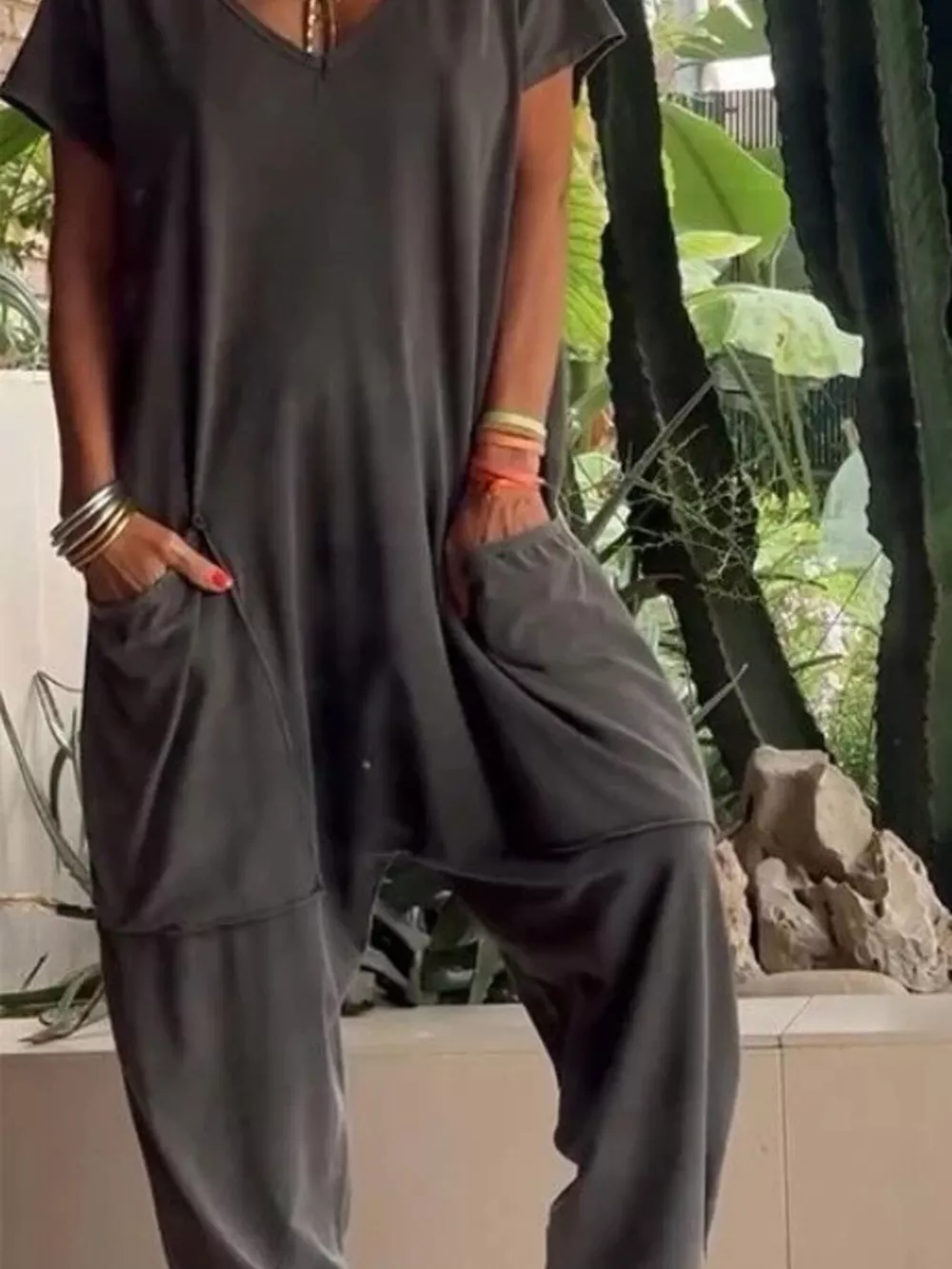 Full Size Loose Fit V-Neck Short Sleeve Wide Leg Jumpsuit Plus Size, image 15