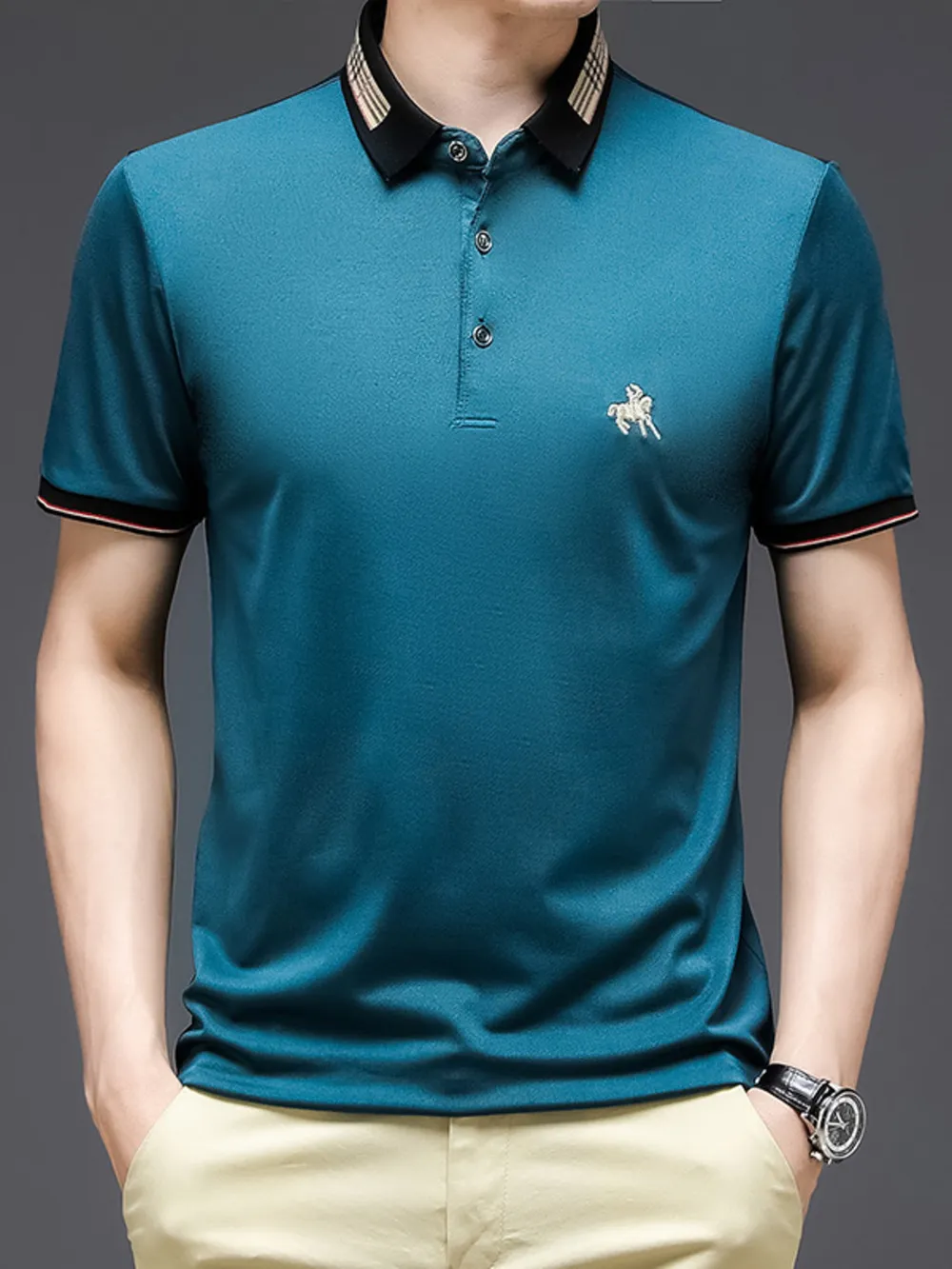 Men's Plus Size Contrast Collar Embroidered Detail Polo, image 5