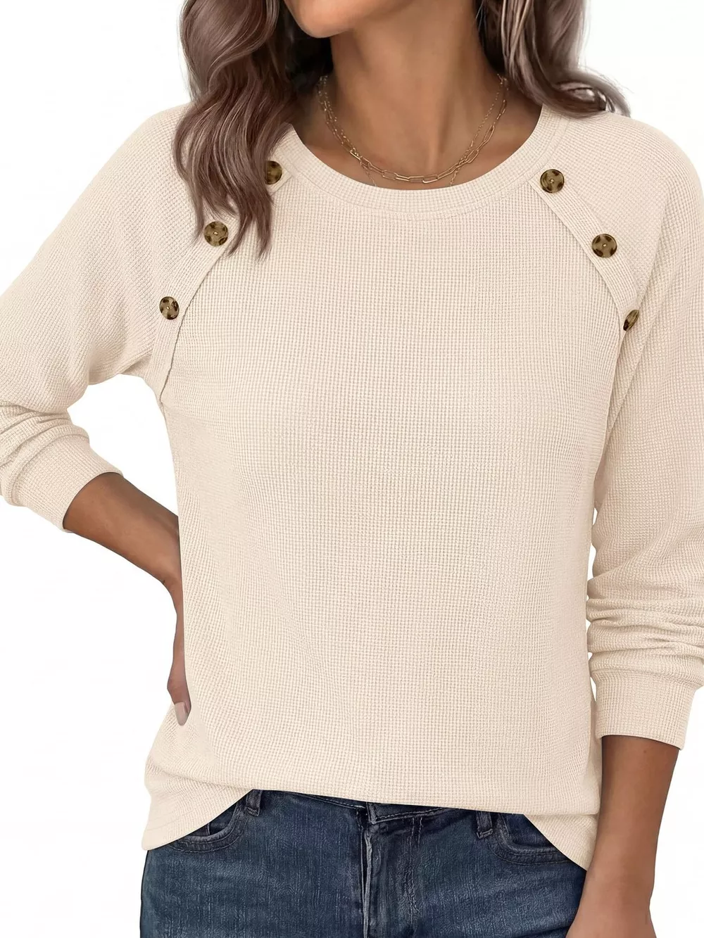 Decorative Button Waffle Knit Long Sleeve T-Shirt, image 4