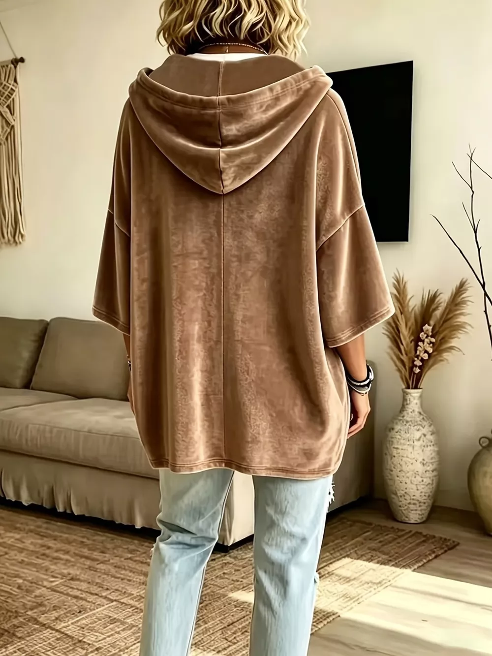 Full Size Velvet 3/4 Sleeve Hoodie with Kangaroo Pocket Plus Size, image 7