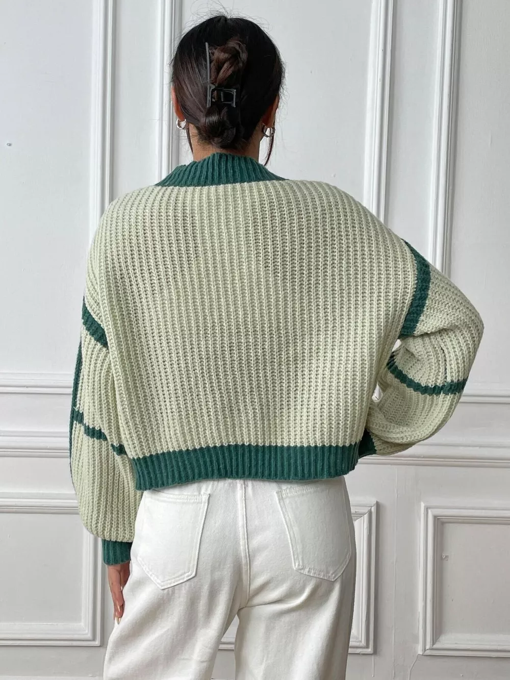 Color-Block Ribbed Knit Open-Front Cropped Cardigan, image 10