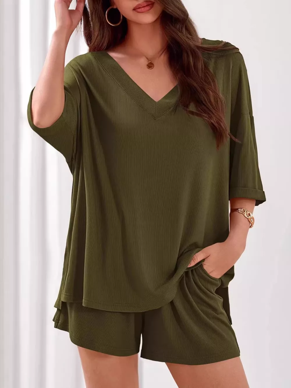 Casual Solid Color V-Neck Top & Shorts Set, image 15