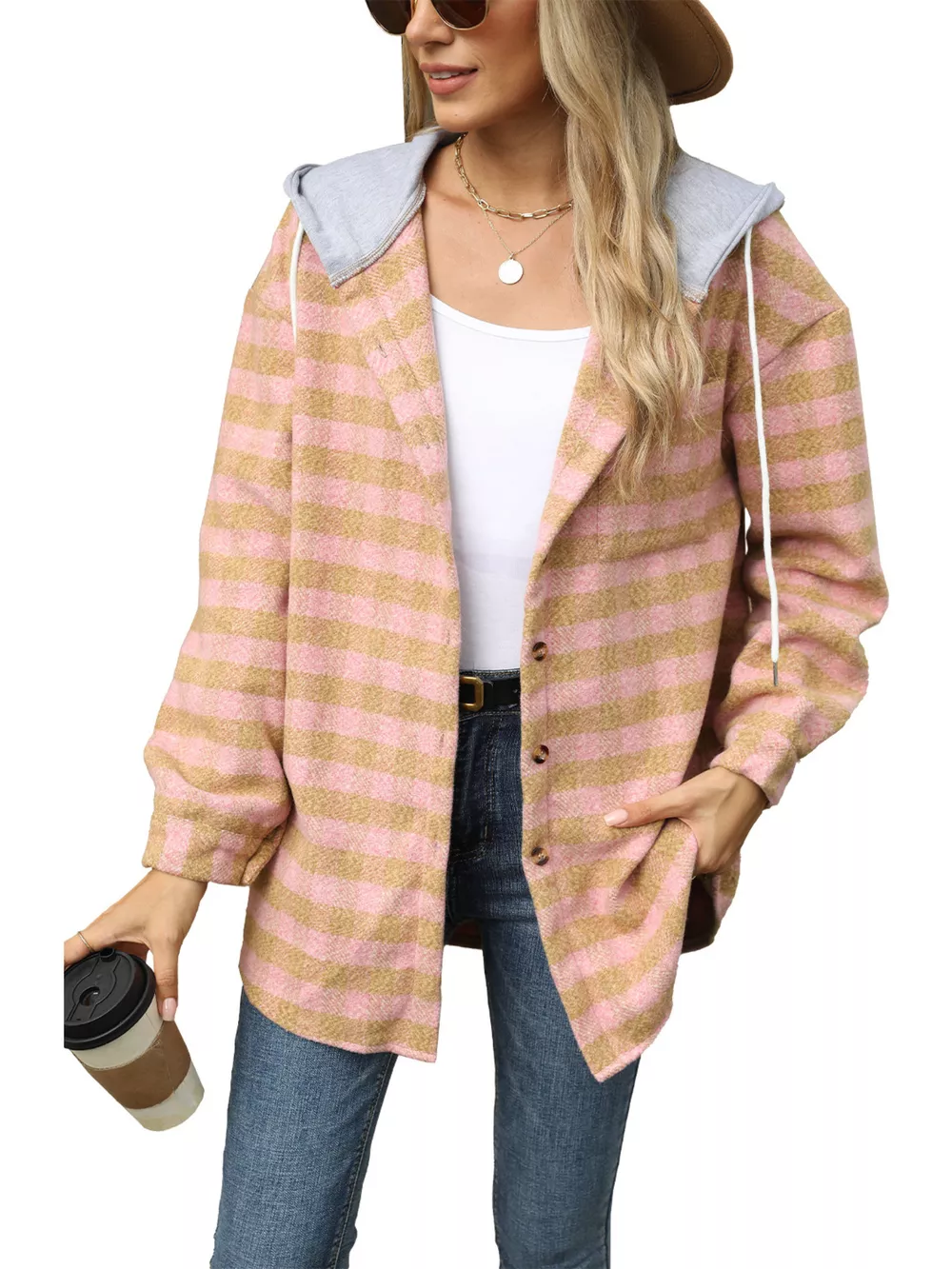 Plaid Button Up Long Sleeve Drawstring Hooded Jacket, image 16