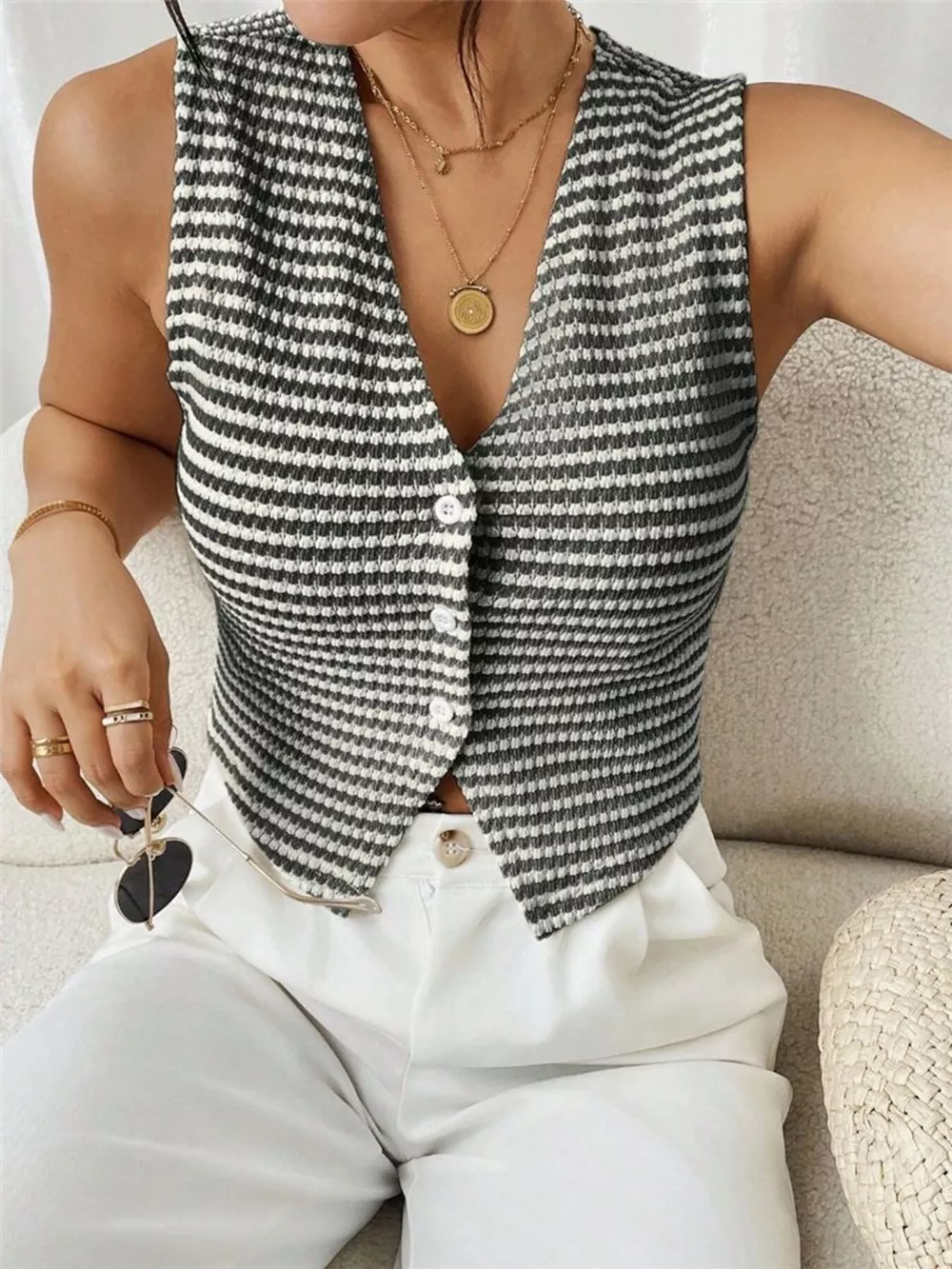 Striped Knit V-Neck Vest, image 19