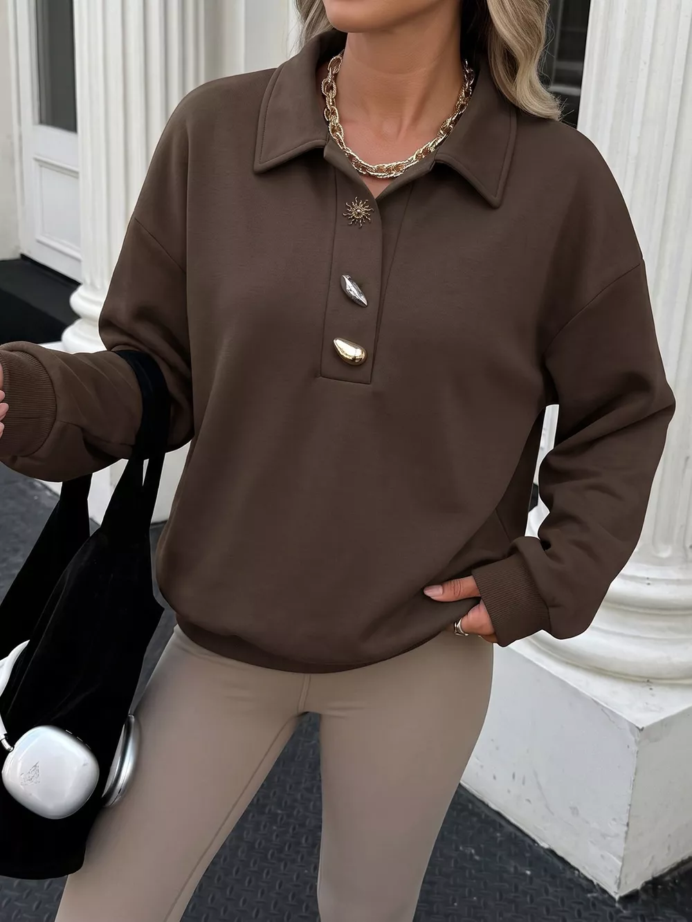 Polo Collar Dropped Shoulder Sweatshirt