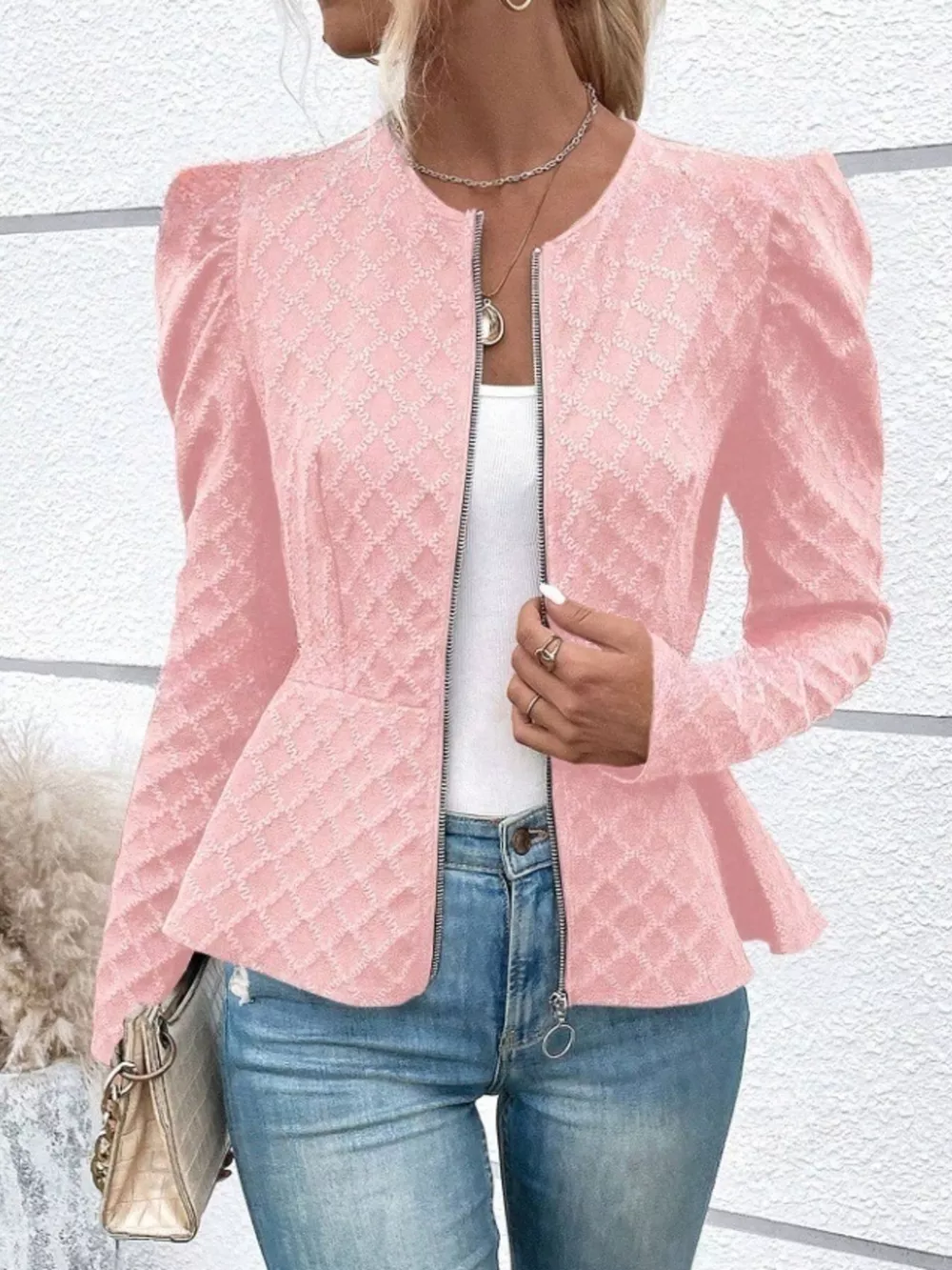 Puff Sleeve Textured Jacquard Jacket, image 5