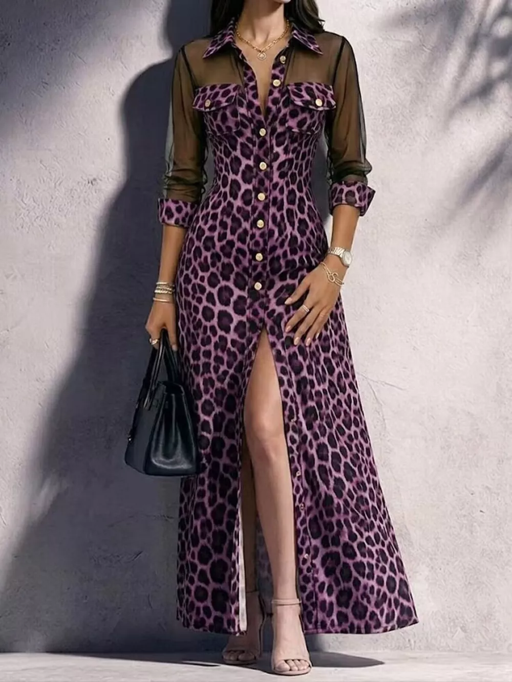 Full Size Leopard Print Sheer Mesh Panel Button-Down Maxi Dress Plus Size, image 5