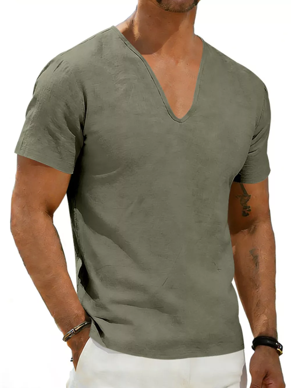Men's Full Size Casual V-Neck Linen T-Shirt Plus Size, image 3