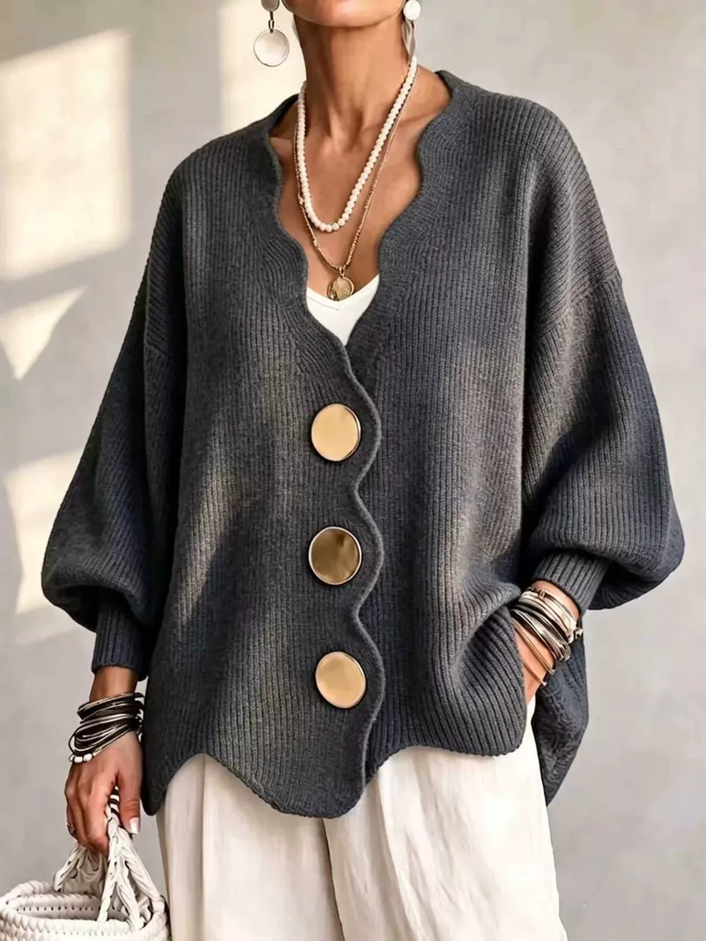Full Size Scalloped-Edge Oversized Button-Down Cardigan Plus Size, image 16