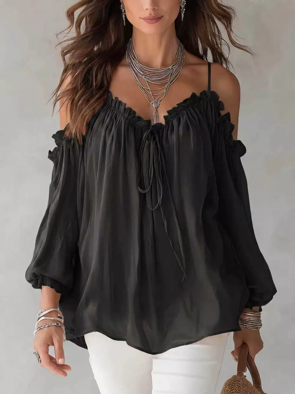 Frill Spaghetti Strap Tie Front Blouse, image 3