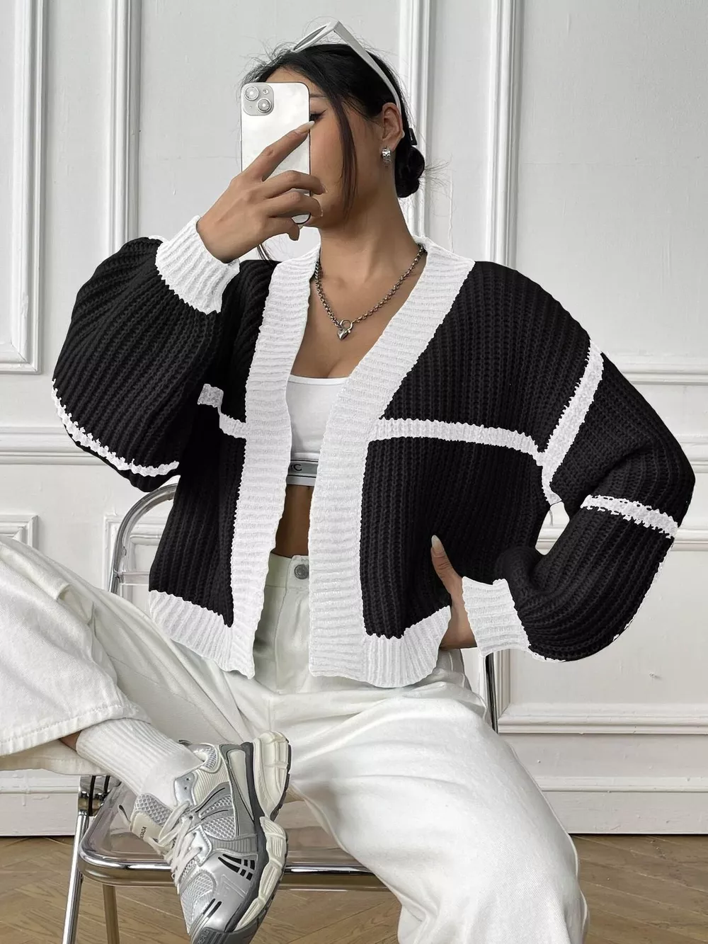 Color-Block Ribbed Knit Open-Front Cropped Cardigan, image 21