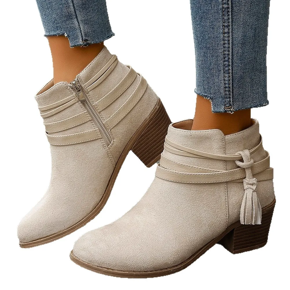 Tassel Point Toe Block Heels Boots, image 3