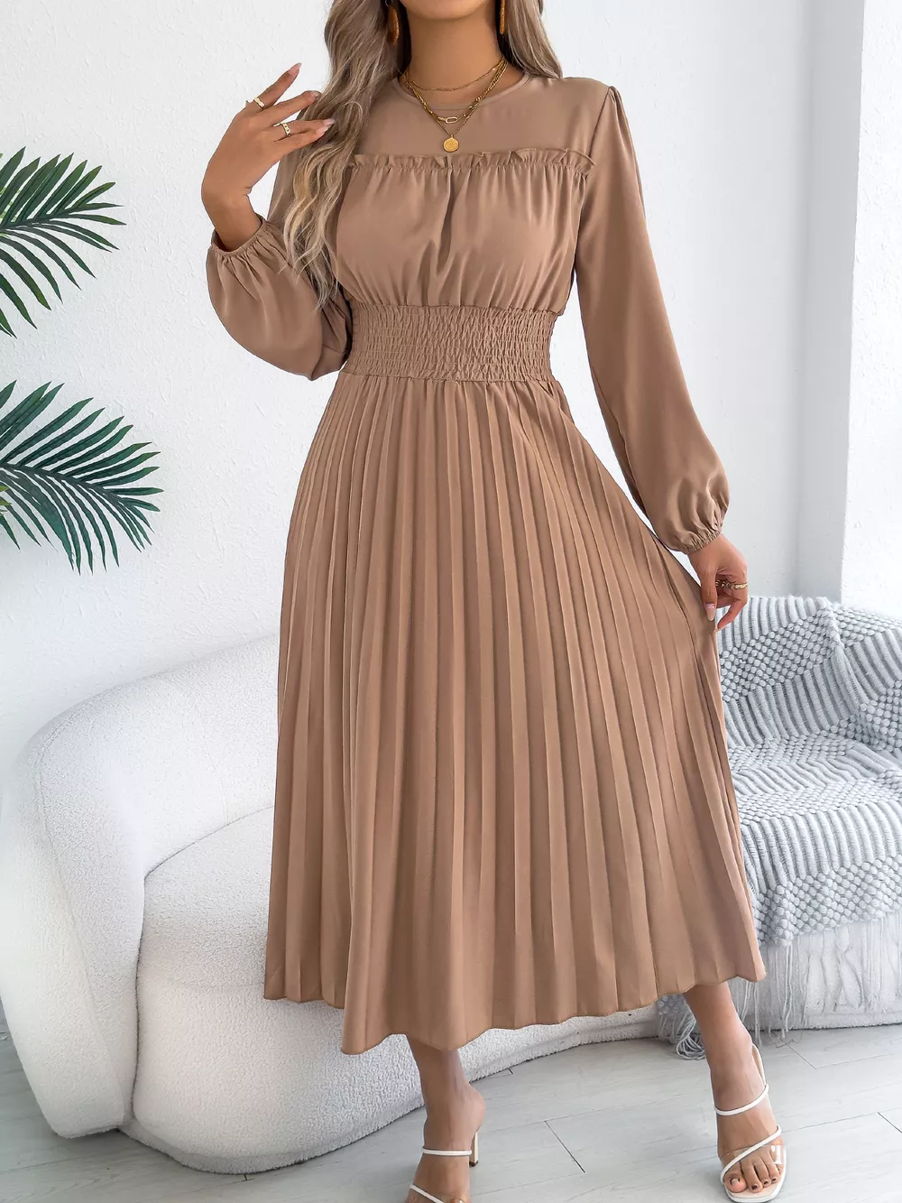 Smocked Pleated Long Sleeve Midi Dress, image 17