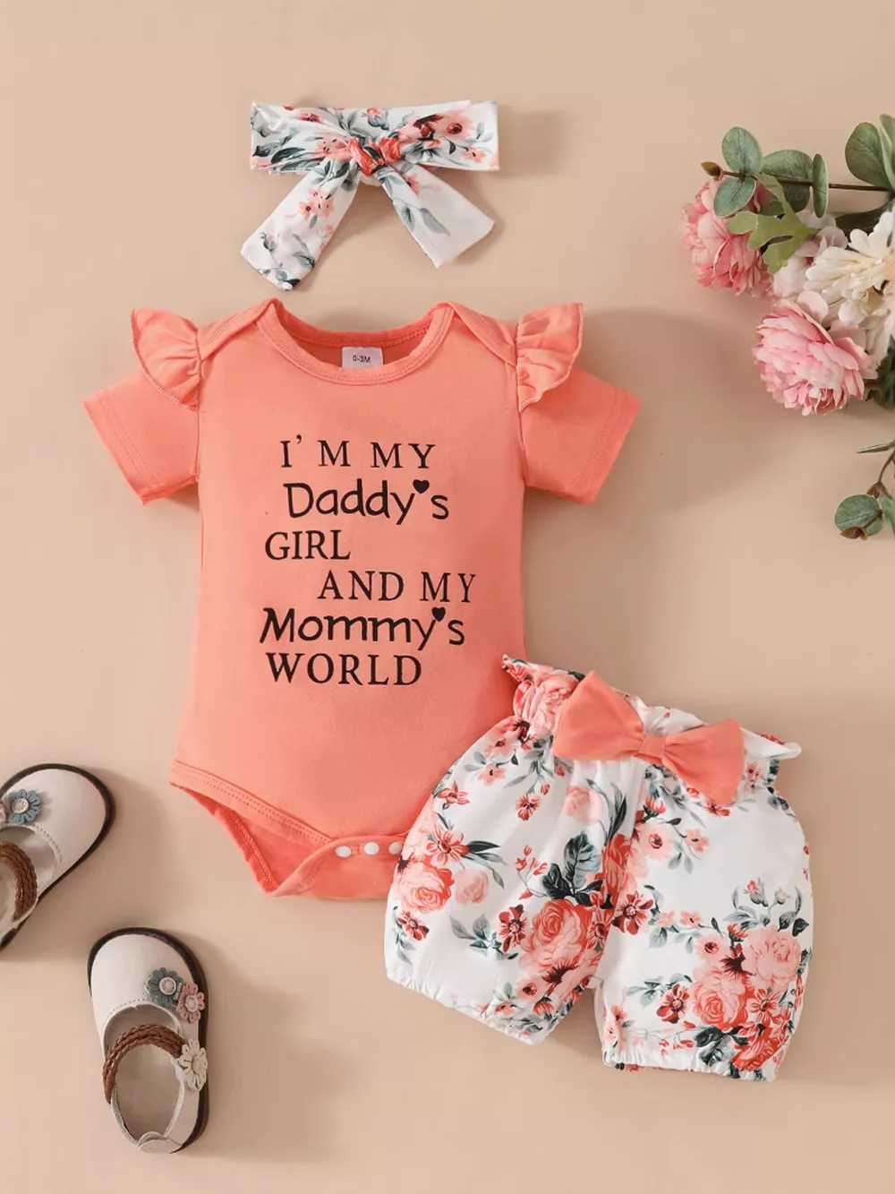 Children's Ruffled Bodysuit and Floral Shorts Set with Headband, image 2