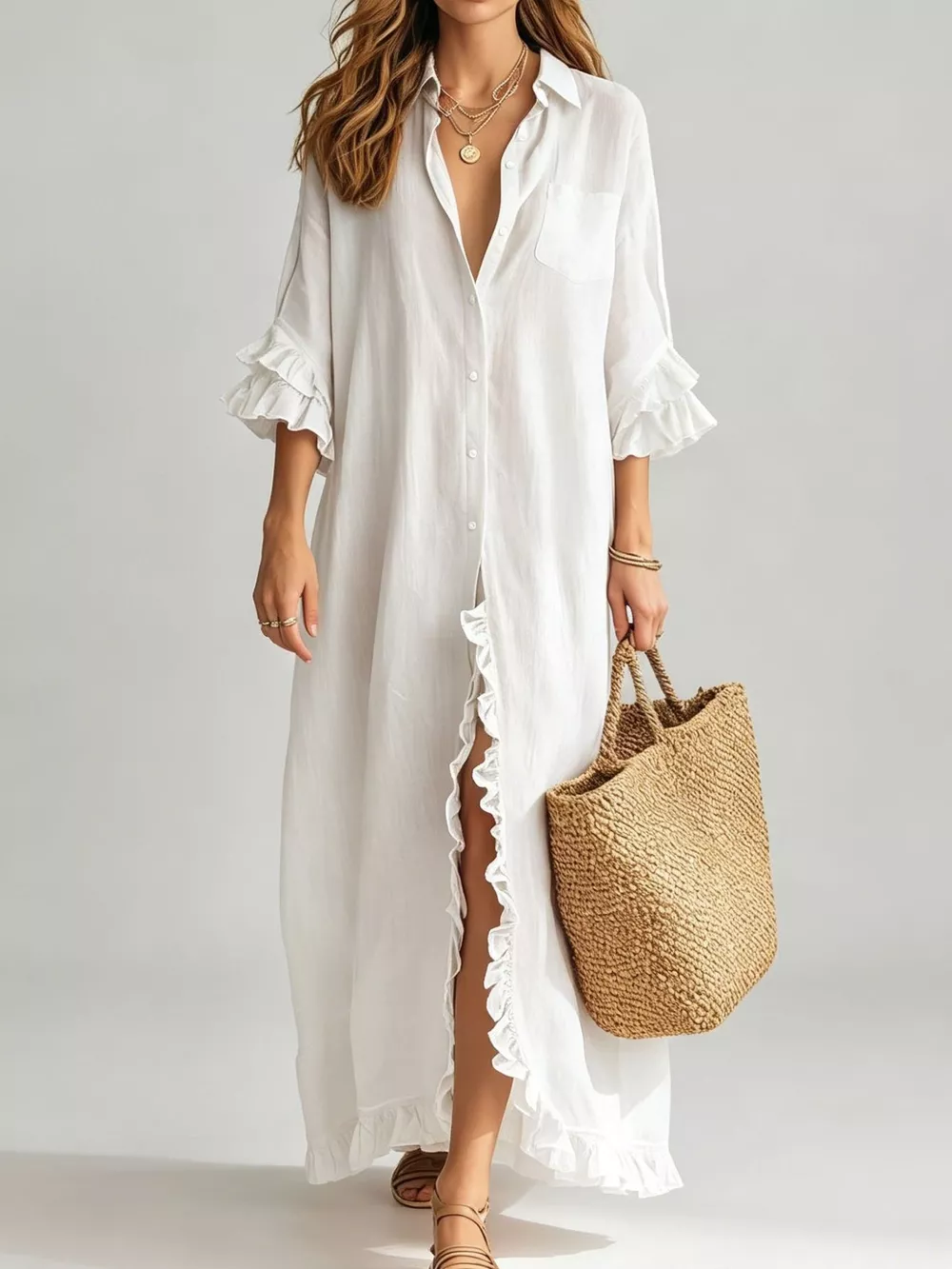 Full Size Ruffled Trim Button-Down Maxi Shirt Dress Plus Size, image 9