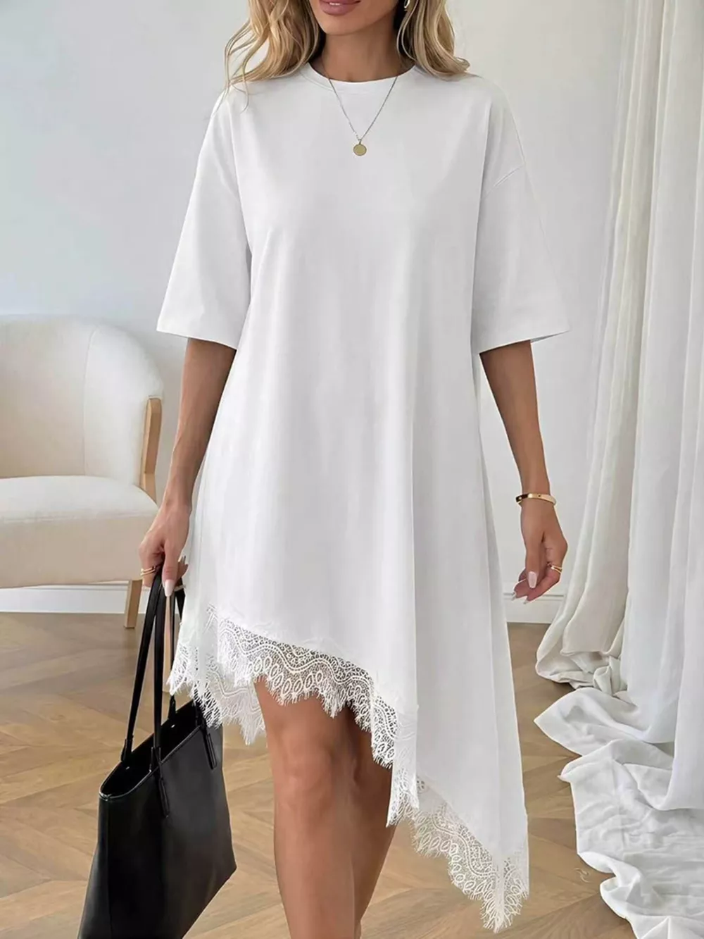 Lace Trim Asymmetrical Hem T-shirt Dress, image 2