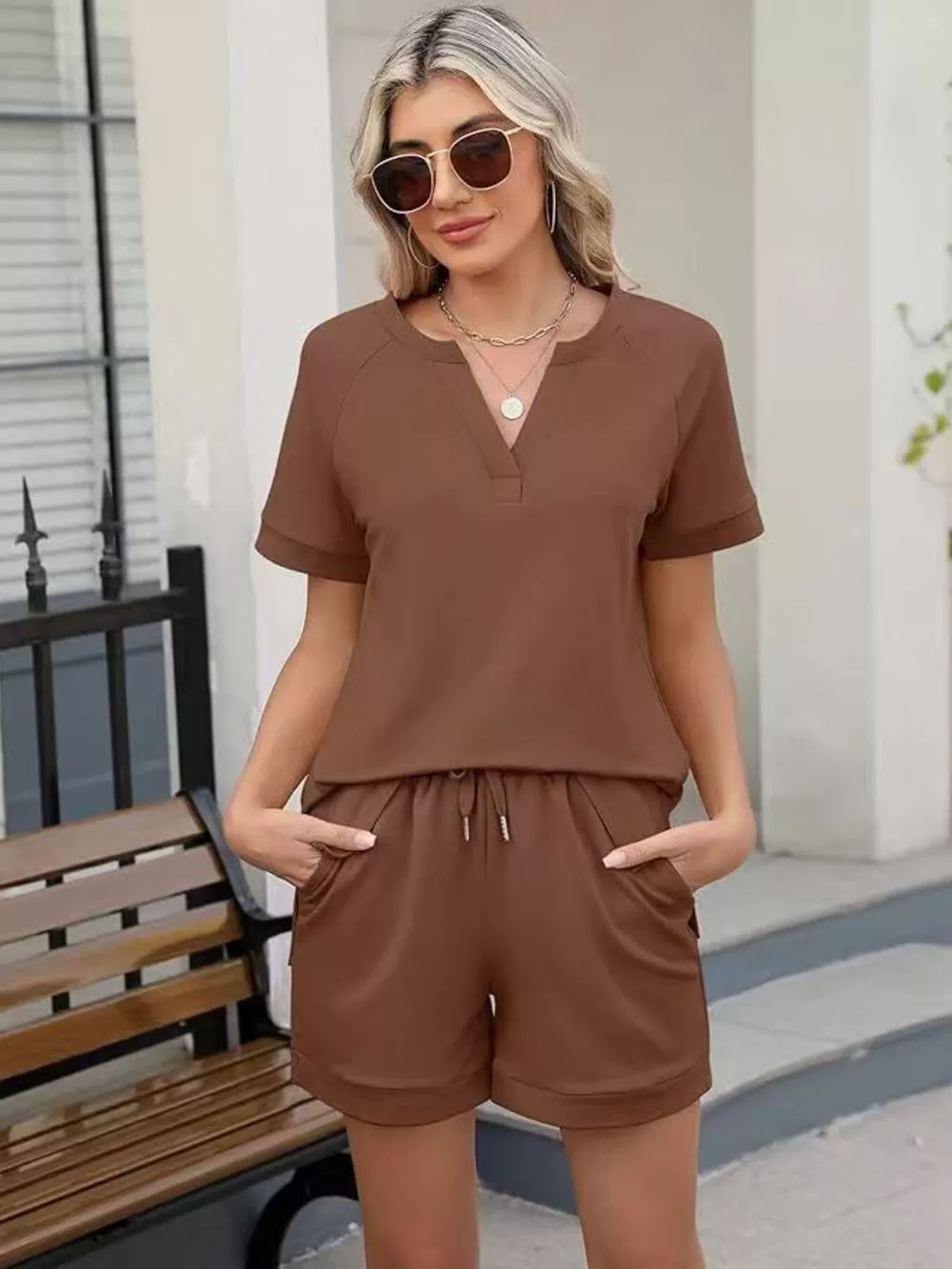 Solid Color Short Sleeve Top and Shorts Two-Piece Set, image 18