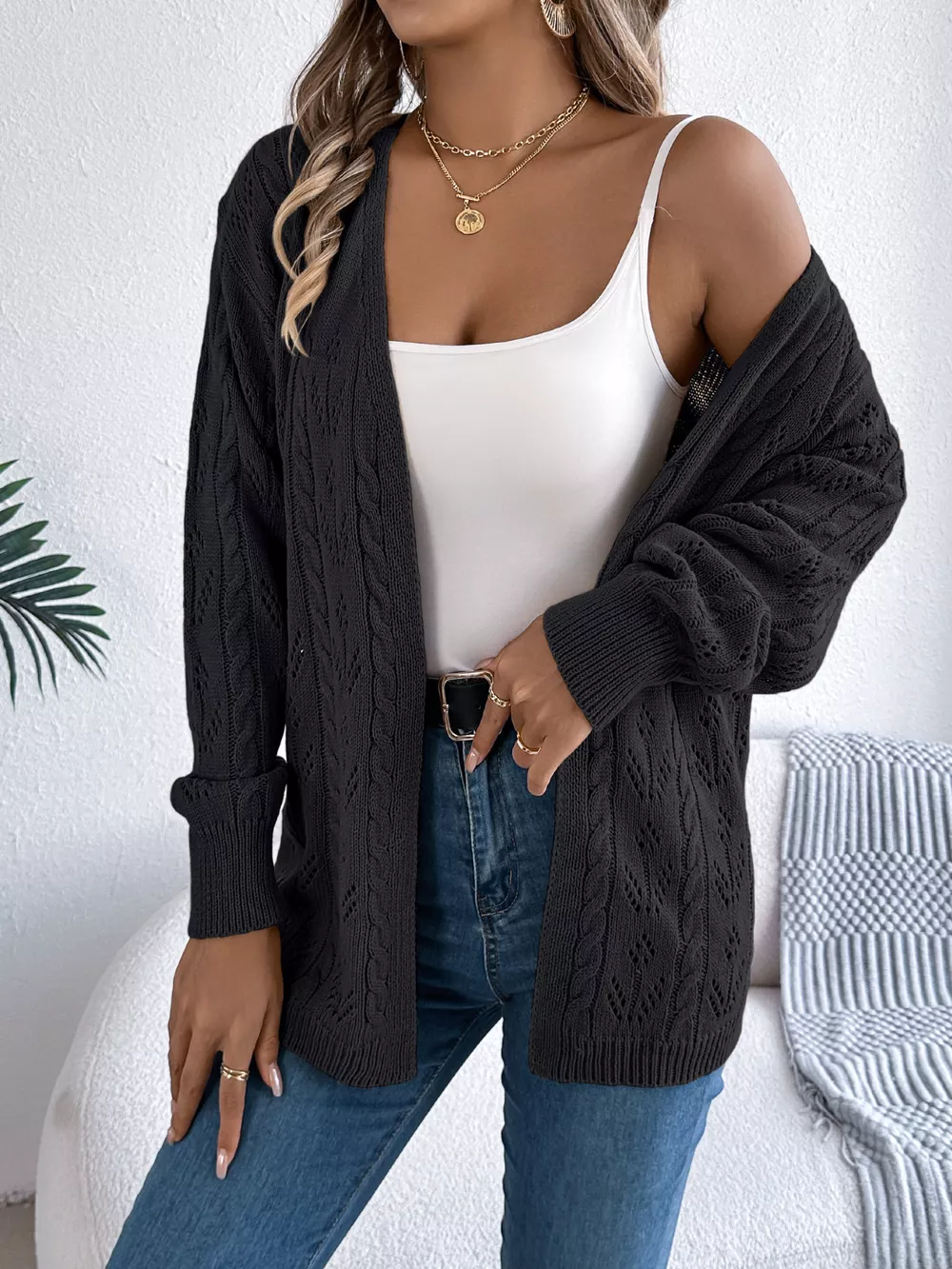 Openwork Open Front Long Sleeve Cardigan, image 17