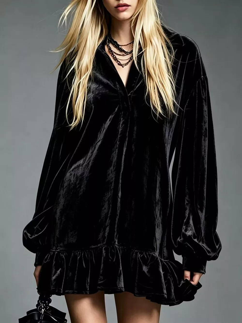 Full Size Velvet Long-Sleeve Ruffle Hem Mini Dress Plus Size