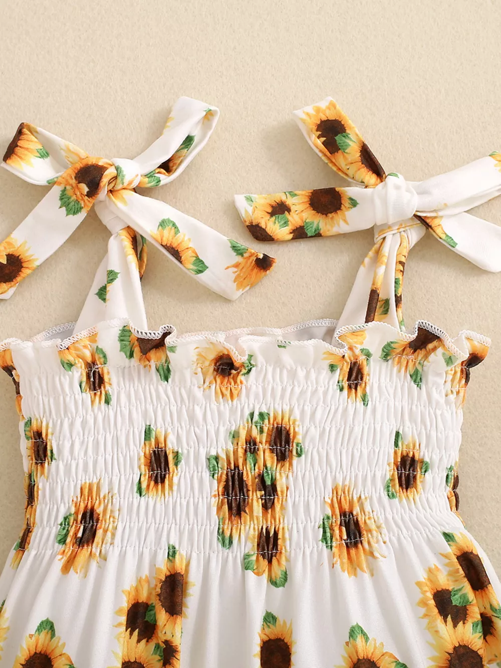 Children's Sunflower Print Smocked Ruffle Trim Jumpsuit, image 2