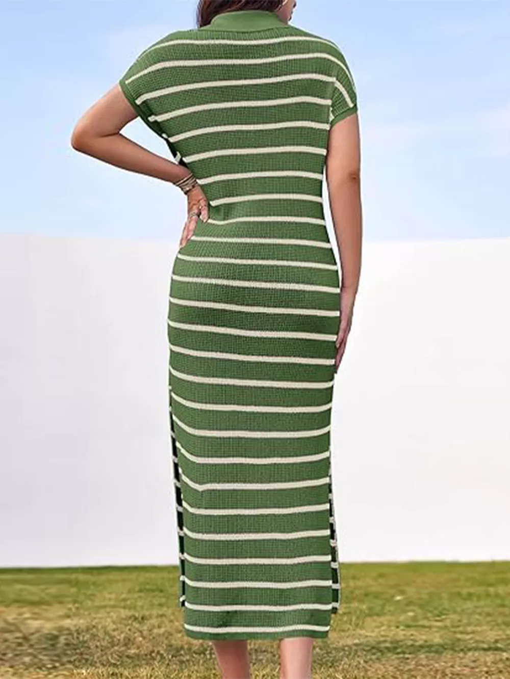 Striped Knit Slit Short Sleeve Midi Dress, image 7