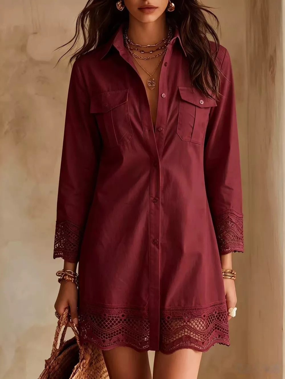 Button-Down Shirt Dress with Lace Trim, image 15
