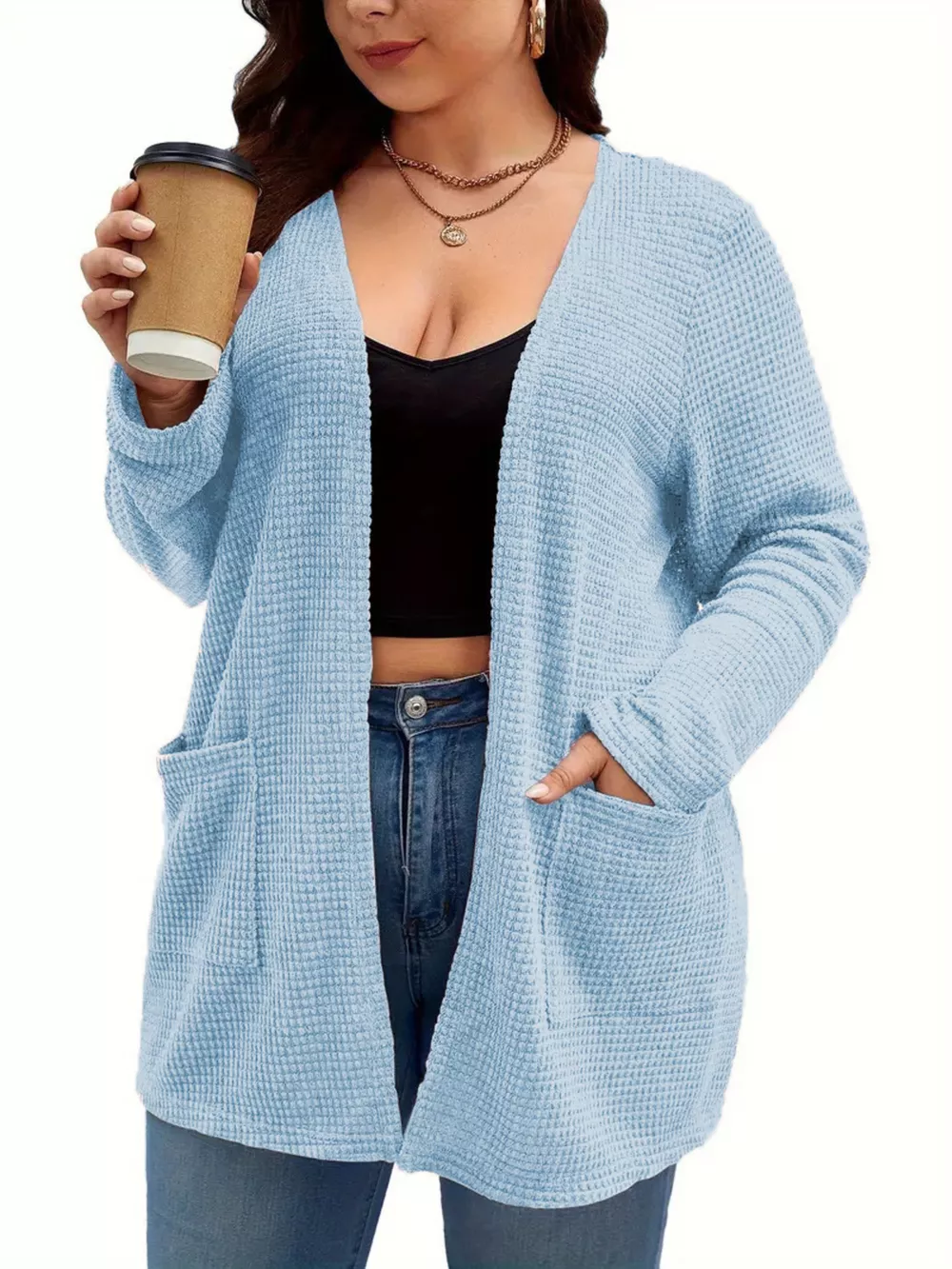 Plus Size Open Front Long Sleeve Knit Cardigan, image 5