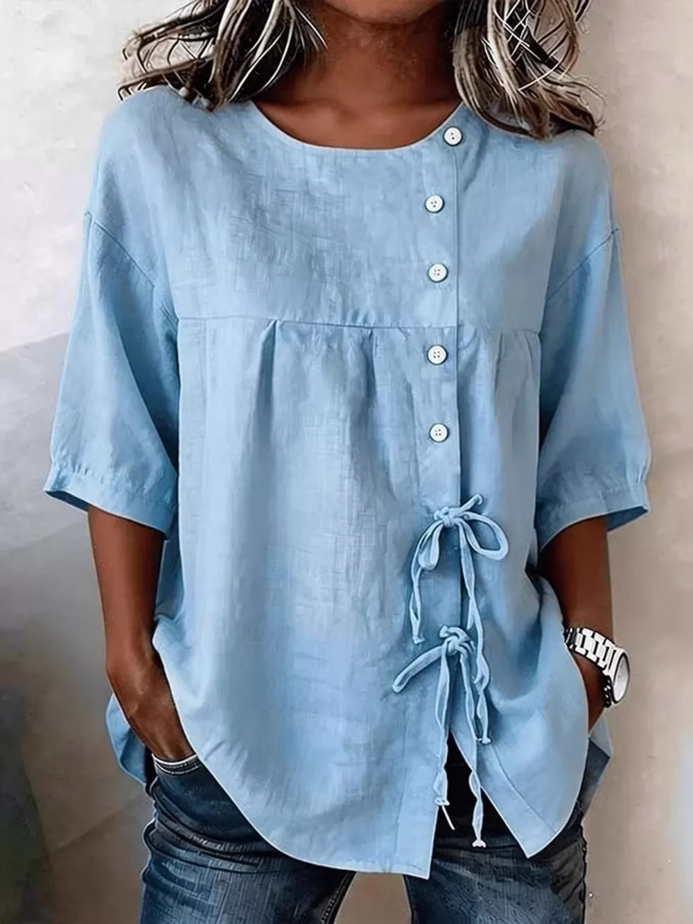 Full Size Decorative Button Tie-Front Blouse Plus Size, image 6