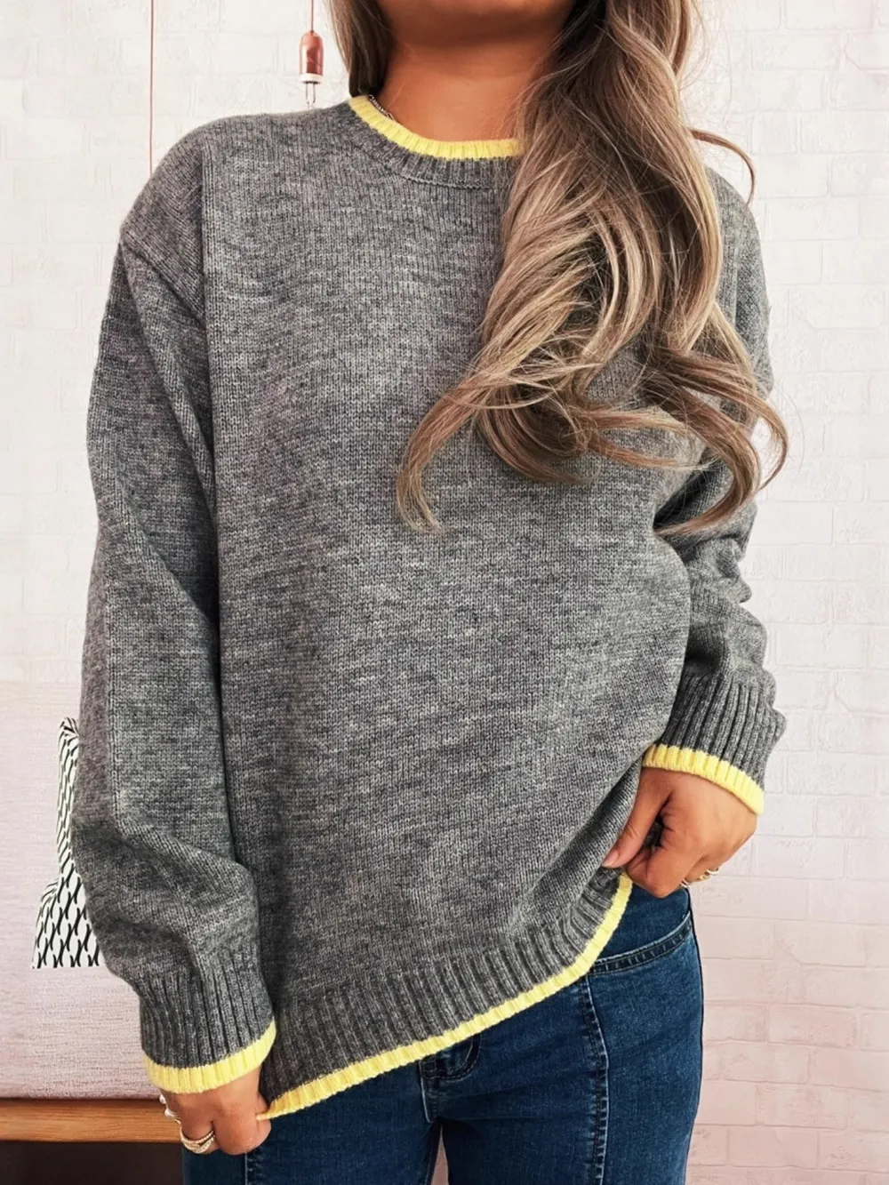 Ribbed Contrast Trim Long Sleeve Sweater, image 10