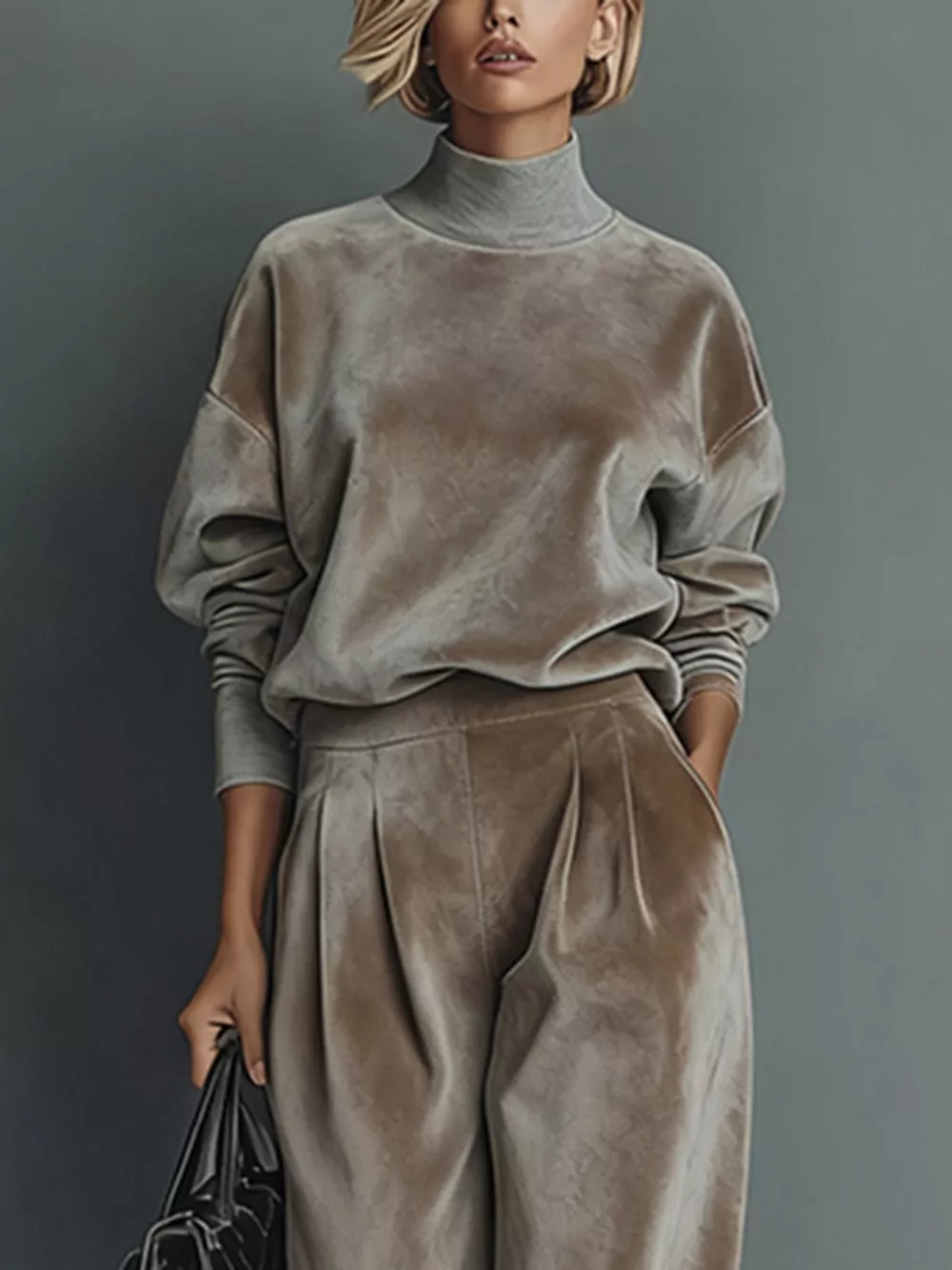 Full Size Elegant Velvet Mock Neck Long Sleeve Top and Wide-Leg Pants Set Plus Size