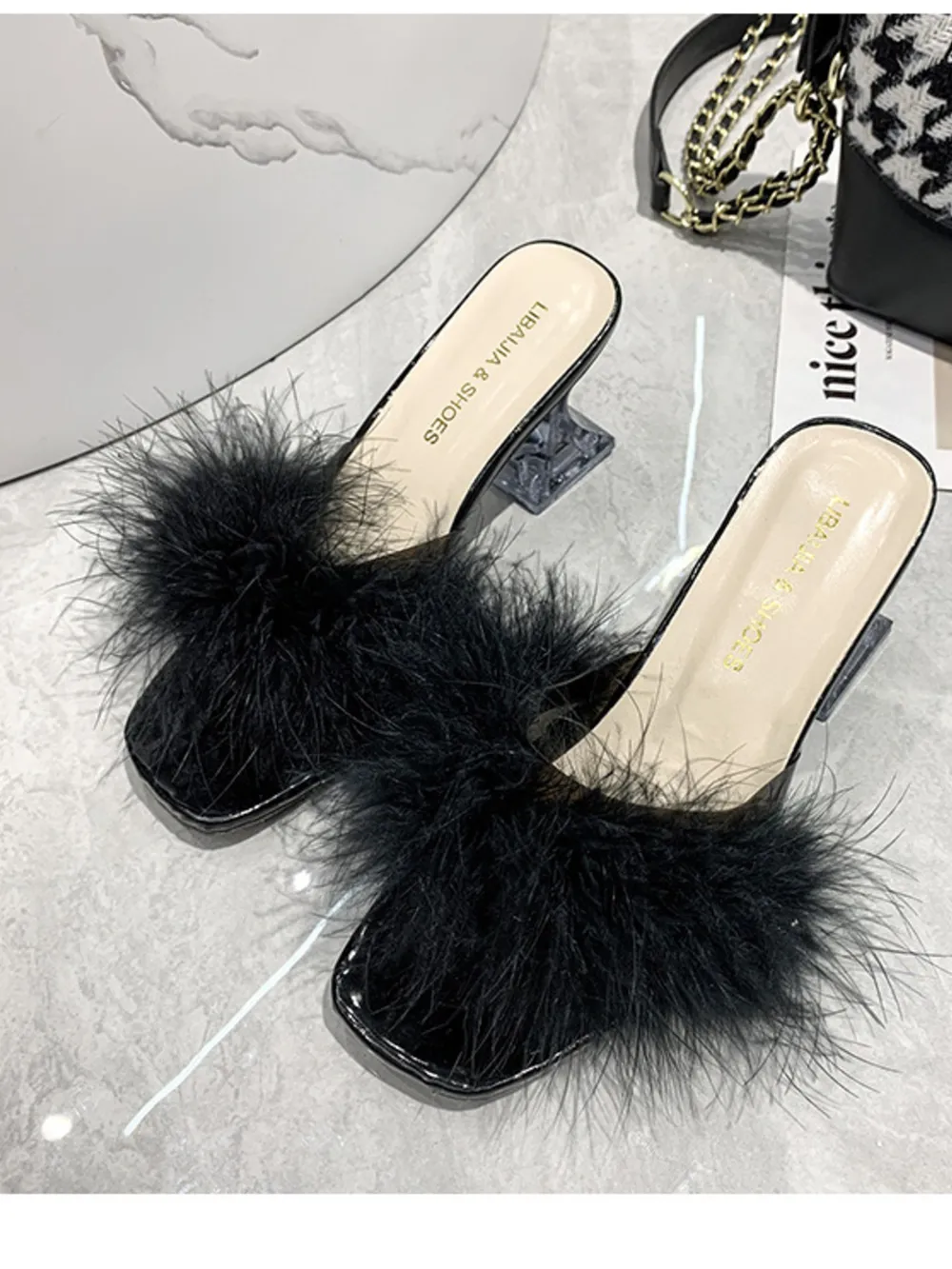 Fluffy Strap Block Heel Sandals, image 3