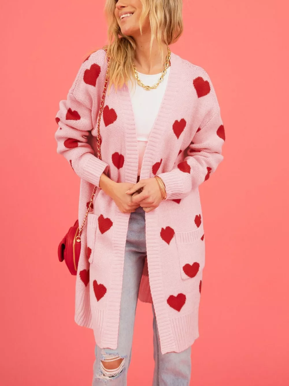 Heart Pattern Open Front Longline Cardigan, image 3