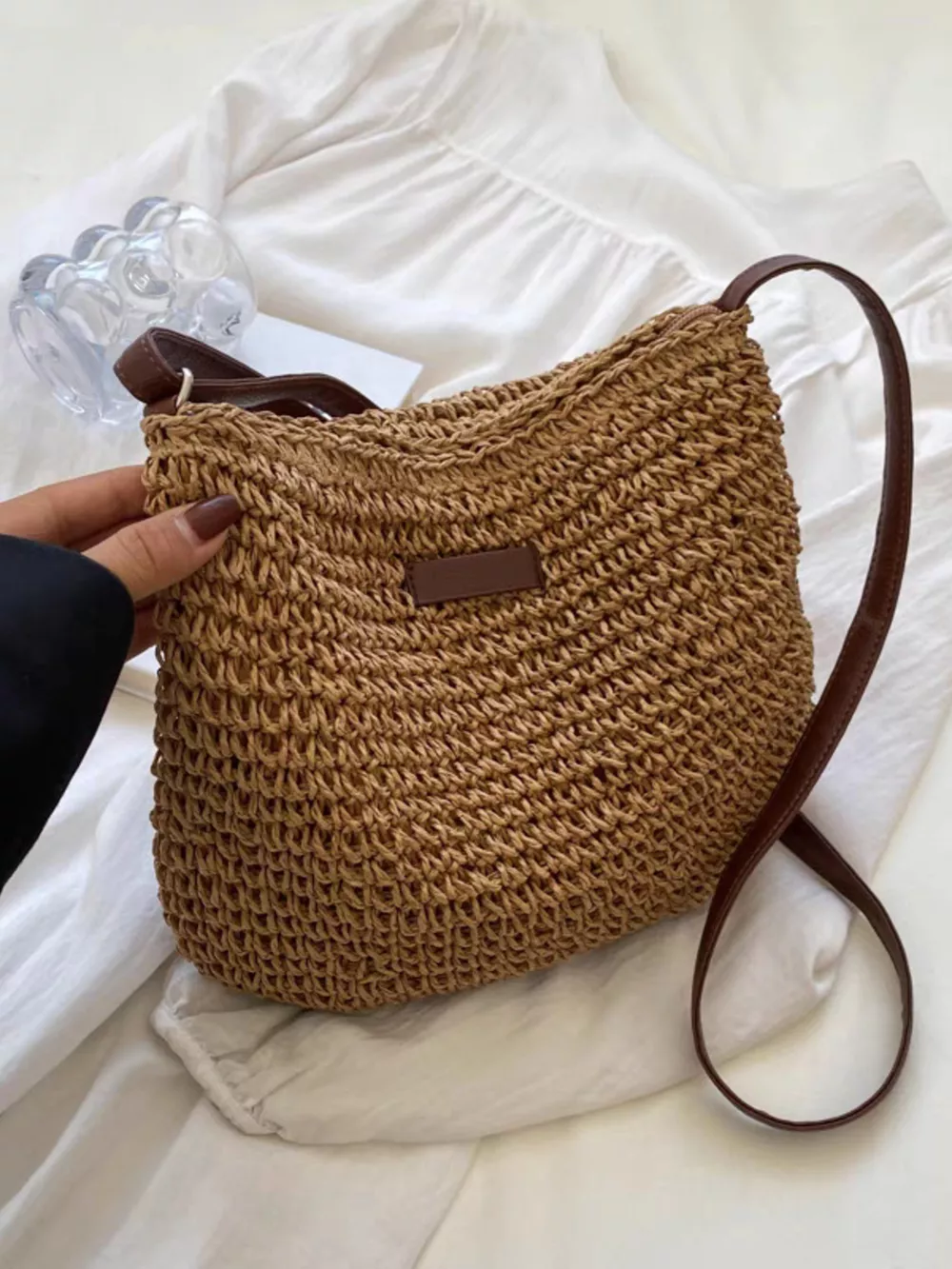Woven Straw Adjustable Strap Crossbody Bag, image 3