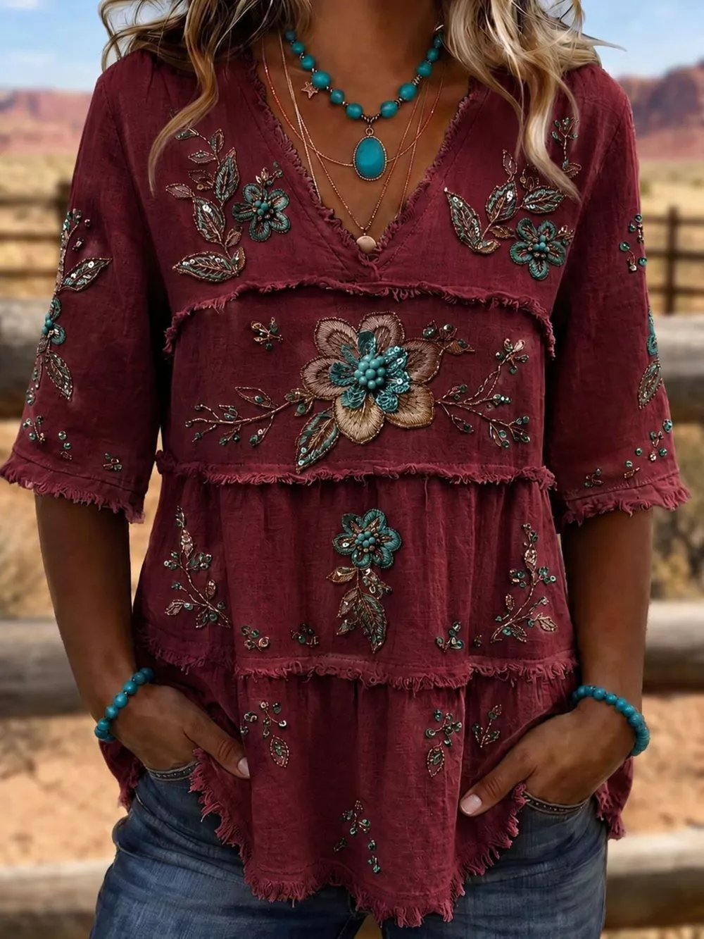 Full Size Floral Raw Hem V-Neck Blouse Plus Size, image 9