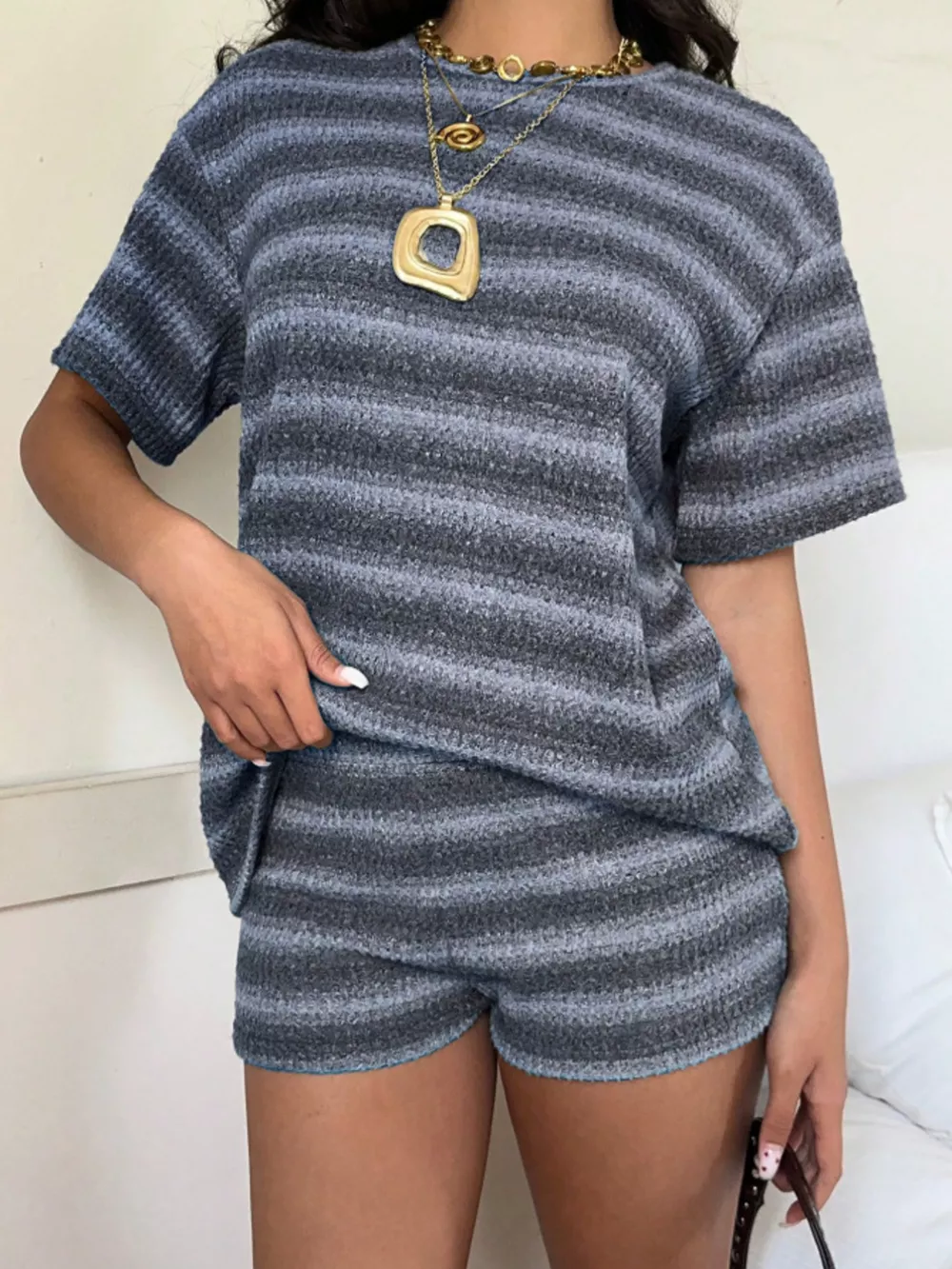 Striped Textured Knit Top and Shorts Set, image 8