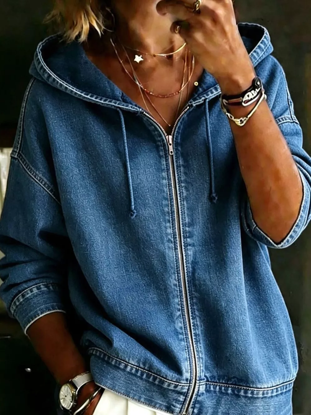 Full Size Zip-Up Dropped Shoulder Hoodie Plus Size, image 6