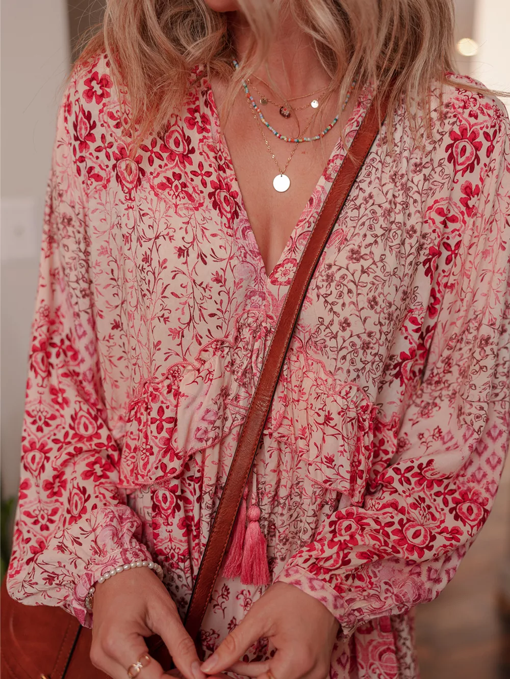 loral Print Tassel Tie Long Sleeve Flowy Mini Dress, image 11