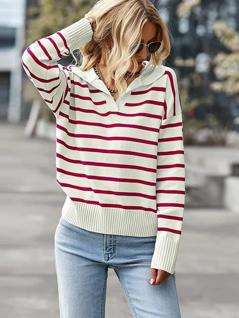 Ribbed Hem Long Sleeve Striped Sweater, image 12