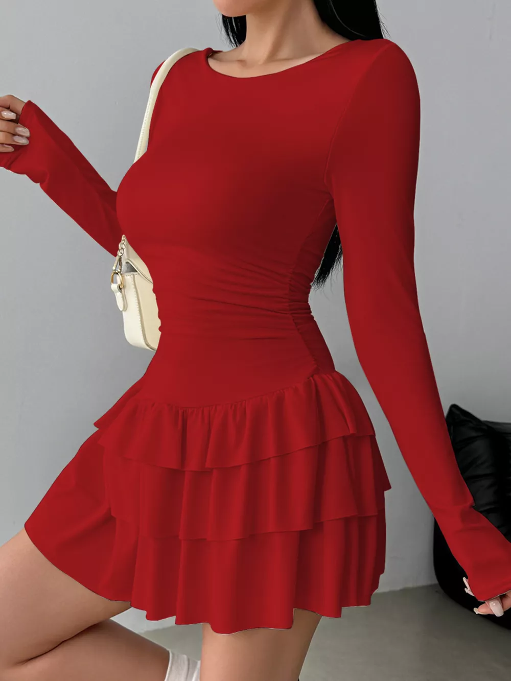 Ruched Long Sleeve Layered Ruffle Mini Dress, image 15
