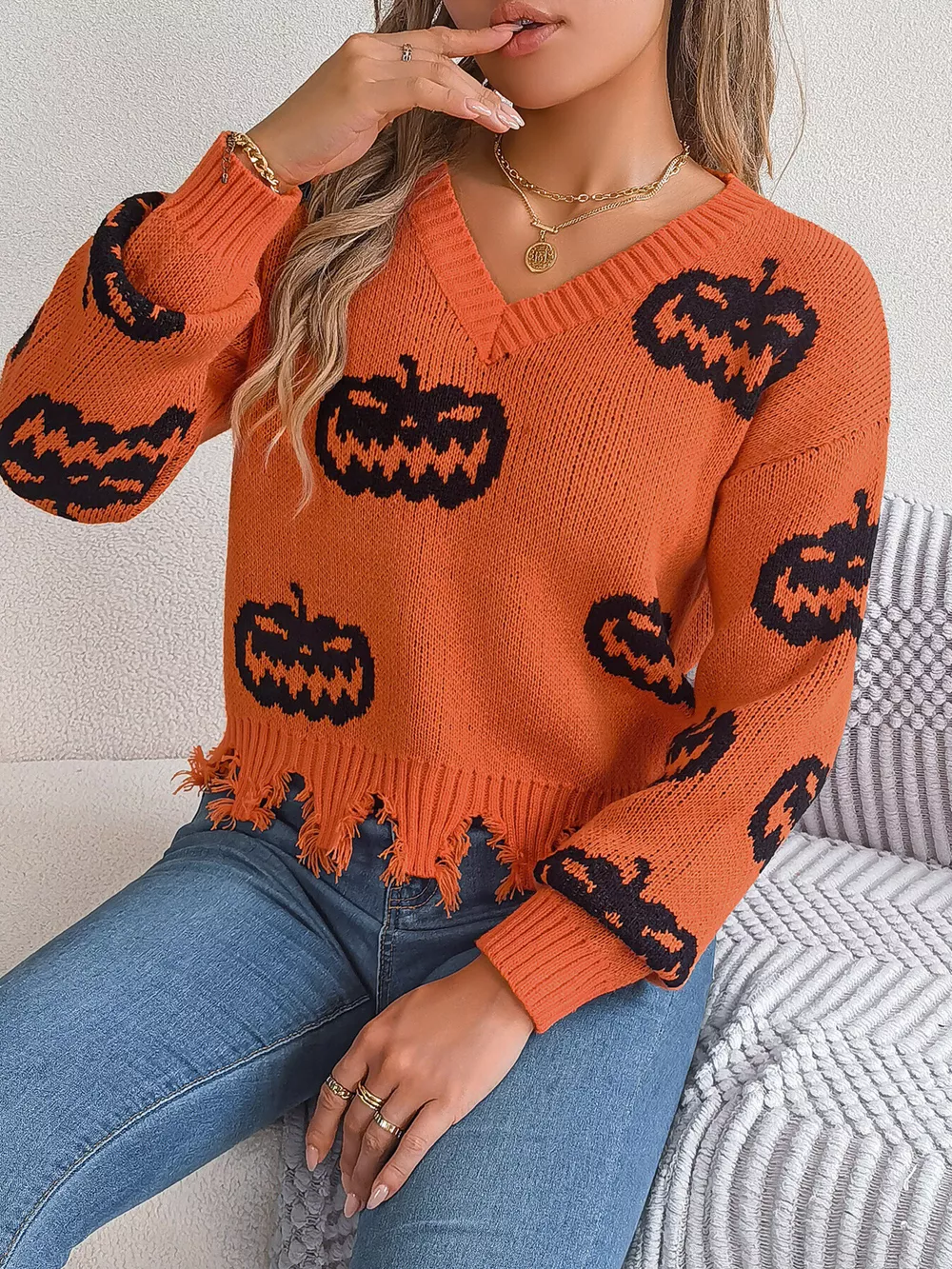 Halloween Pumpkin Pattern Raw Hem V-Neck Sweater, image 17