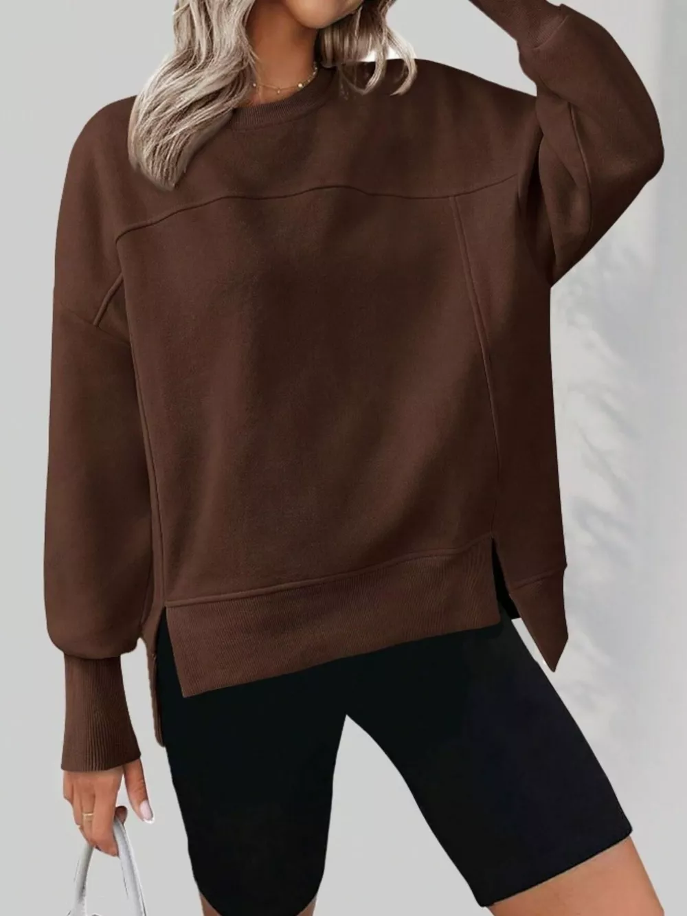Slit Round Neck Dropped Shoulder Sweatshirt, image 2