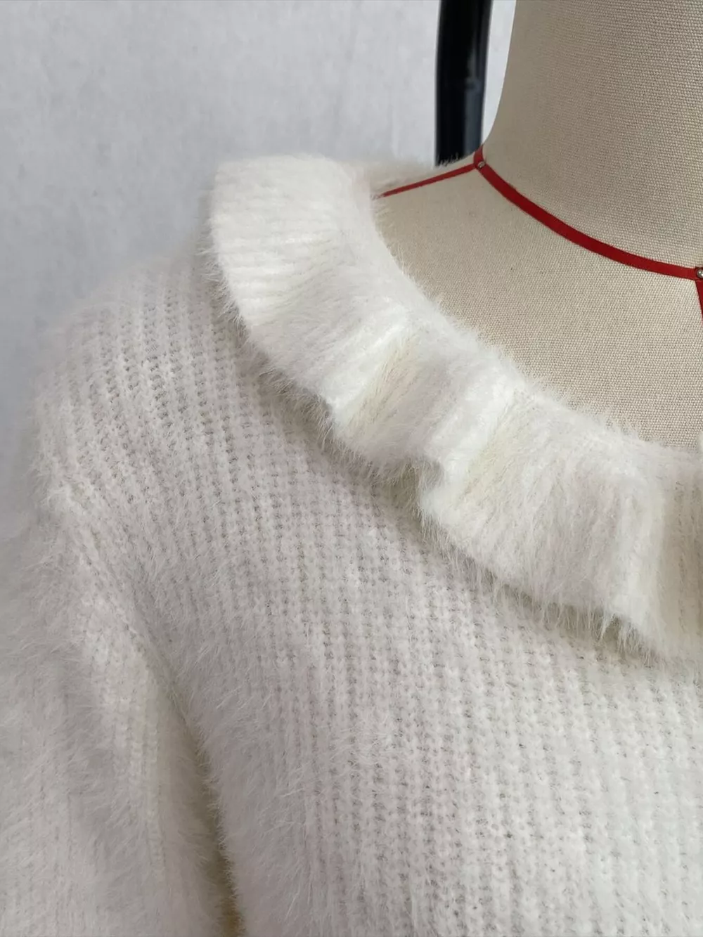 Soft Fuzzy Cardigan with Ruffled Collar and Pearl Buttons, image 10