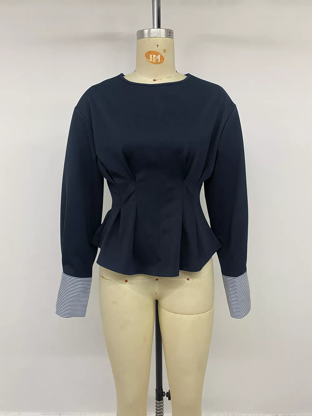 Round Neck Peplum Top with Striped Cuffs, image 11