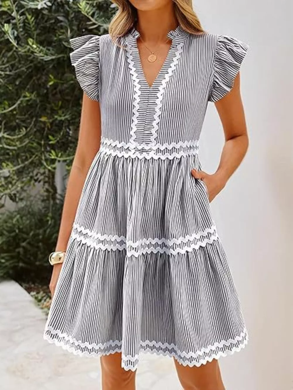 Striped Ruffle Sleeve Tiered Dress, image 5