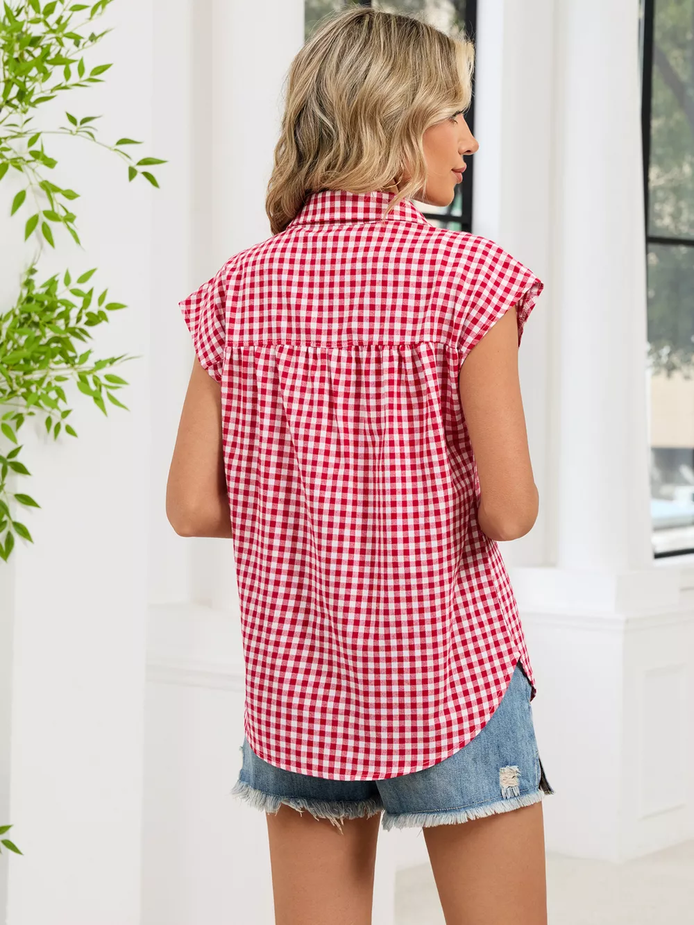 Plaid Button Up Cap Sleeve Shirt, image 7